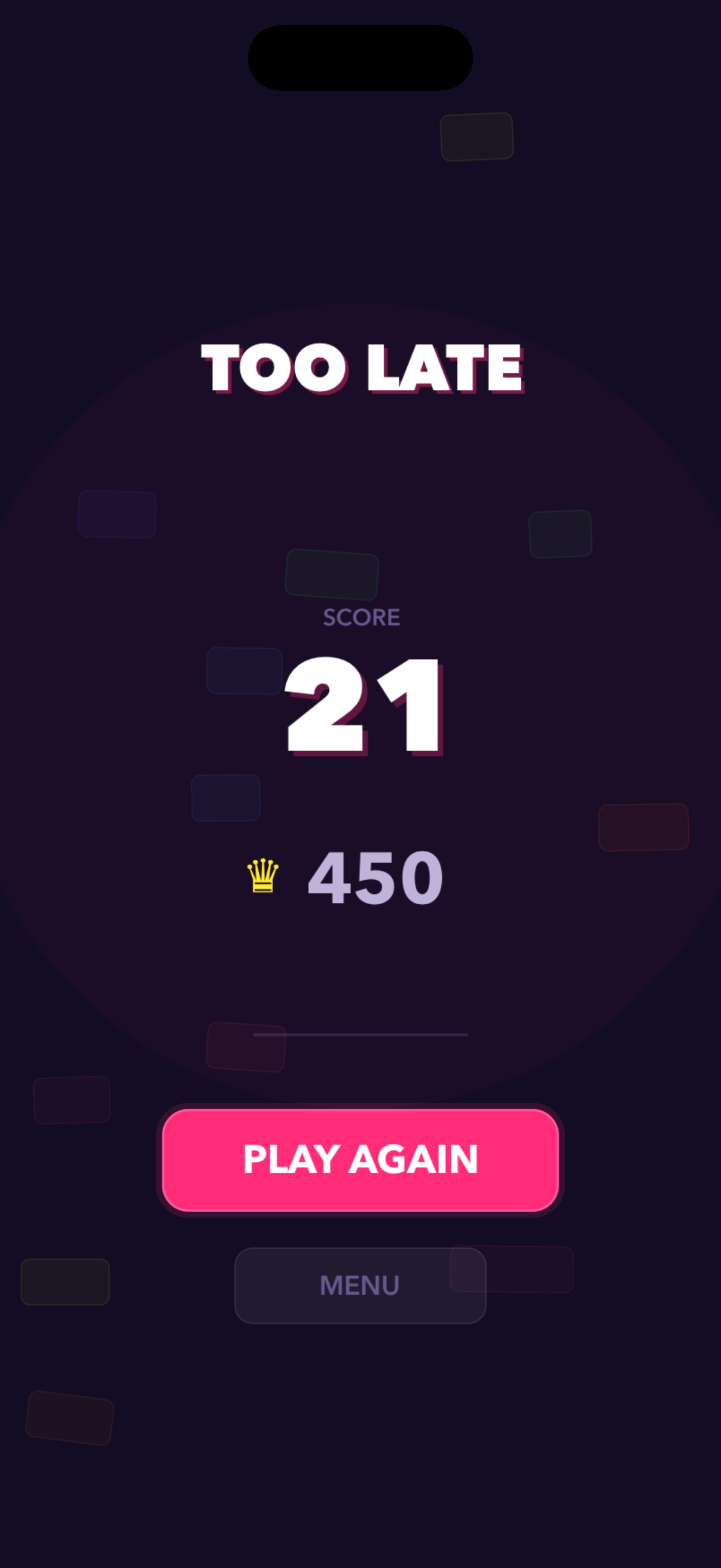 Toolate gameplay screenshot: Game over